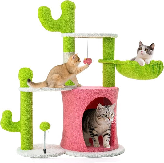 YITAHOME Cactus Cat Tree: 36 in Cats Tower for Indoor Kittens with 2 Platforms, Scratching Post, Spring Ball, Hanging Ball, Hanging Basket, Green & Pink