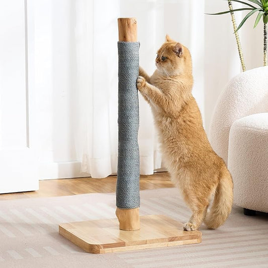 29" Tall Cat Scratching Post for Indoor Cats Adults, Extra-Stable & Natural Solid Wood Scratching Post Sisal Scratcher with Hanging Funny Ball, Gray