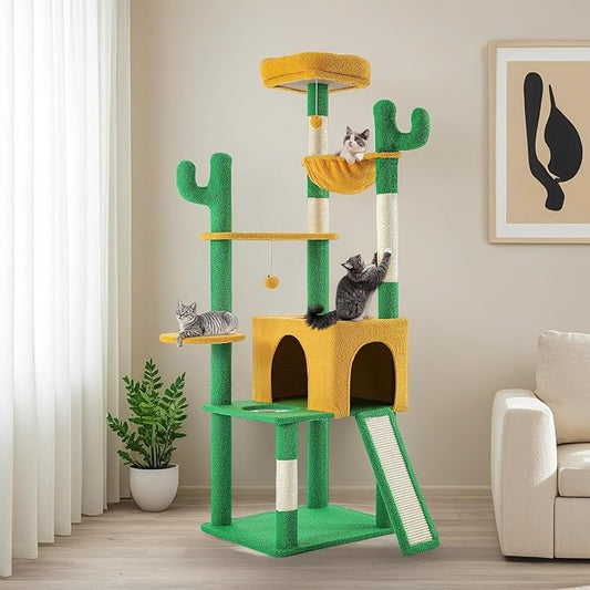 YITAHOME Tall Cactus Cat Tree: 68 in Cats Tower Activity Center with Sisal Posts, Hanging Balls, Nest, Pet Climbing Furniture Ideal for Indoor Kittens, Green & Yellow