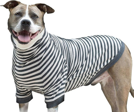 Tooth & Honey Large Dog Pullover – Breathable Cotton Blend with Underbelly Coverage – White & Gray Stripes, Ideal for Summer & Allergy Relief (Large)