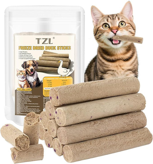 TZL Freeze Dried Duck Stick Cat Treats, High Protein Healthy Treats for Cats & Dogs, Natural Teeth Cleaning Snacks, Gluten& Grain Free (50g)