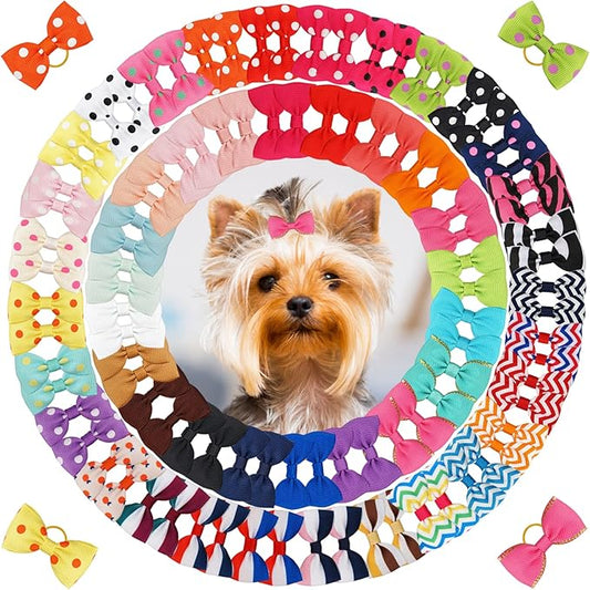 Yxiang 100PCS Cute Pet Grooming Accessories - Colored Polka Dot Hair Bows with Rubber Bands for Small Dogs and Puppies like Yorkies - 50 Pairs