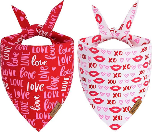 Valentines Dog Bandana - 2 Pack Triangle Dog Bandanas | Reversible Love and Heart Pet Scarf | Premium Durable Fabric | Boys & Girls | Holiday Bandana for Small and Medium Dogs (Small)