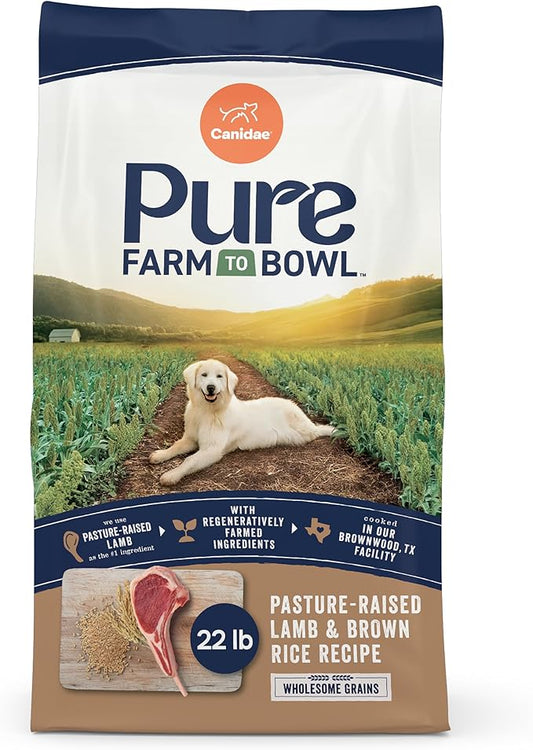 CANIDAE Pure Farm to Bowl Pasture-Raised Lamb & Brown Rice Dog Food, Adult Dog Food, 22lb