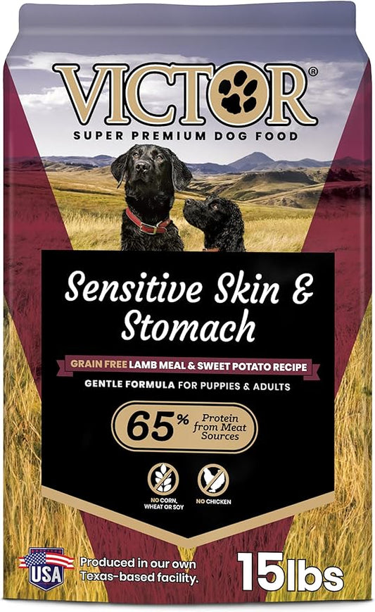 VICTOR Super Premium Dog Food??Sensitive Skin and Stomach??Grain Free Lamb Meal and Sweet Potato Recipe Dry Kibble??Gluten Free, No Chicken, Ideal for Dogs with Allergies ??Adult and Puppy Food, 15 lb