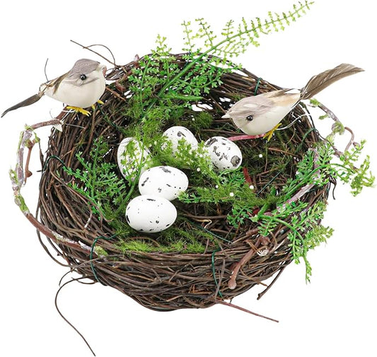 Artificial Bird Nest, Natural Rattan Twig Bird Nest House Ornament, Fake Bird Nests with Birds and Eggs for Home Garden Decoration