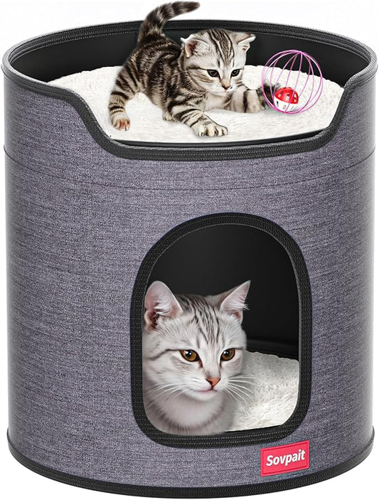 Cat House for Indoor Cats,Large Luxury Double Cat Beds with Cat Scratcher Pad Toys w/Catnip,Soft Washable Cushion Cat House Shelter D15xH15 in Grey (Classy Gray, Metal Cage Balls+5mm Pad)