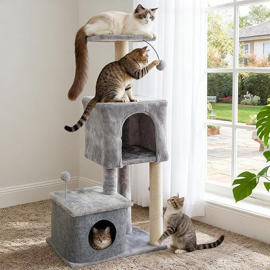 43.7 Inch Multi-Level Cat Tree Tower with 2 Plush Condos, Top Perch, 2 Interactive Pom-Pom Balls, Sisal Scratching Posts - Sturdy Cat Tower Furniture for Kittens and Cats