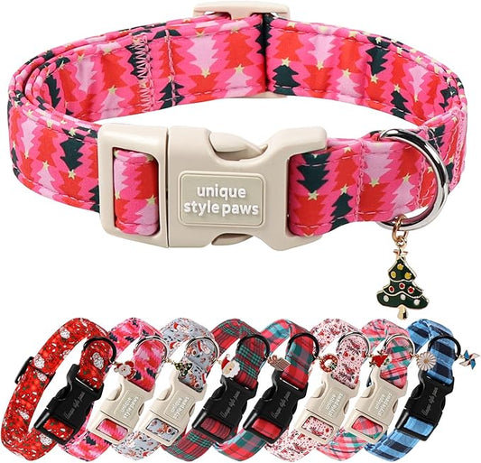 Unique Style Paws Christmas Dog Collar Plastic Buckle with Pendant Pink Green Christmas Tree Cotton Puppy Collars for Small Medium Large Dogs
