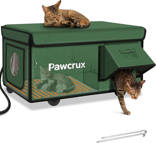Weatherproof Heated Cat House for Outdoor in Winter, Heated Cat Bed Kitty Shelter with Cat Heating Pad, Insulated & Safe Escape Door, Warm Home for Outside Stray Cat