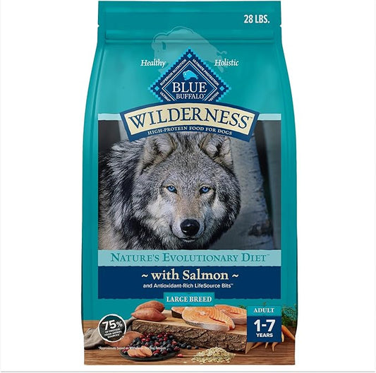 Blue Buffalo Wilderness Natural High-Protein Dry Food for Adult Dogs, WITH WHOLESOME GRAINS, Salmon, 28-lb Bag.