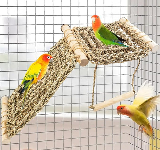 FlidRunest Bird Perch Platform Swing with Climbing Ladder, Parrot Chewable Natural Seagrass Woven Hammock, Parakeet Cage Accessories Playing Gyms Exercise Sturdy for Cockatiels, Lovebirds, Budgies