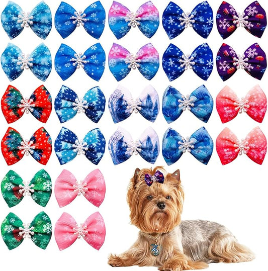 24Pcs/12Pairs Dog Hair Bows with Rubber Band Winter Snow Pattern for Cat Rabbit Puppy Poodle Top Knot Elastic Hair Bowknot Grooming Accessories Attachment