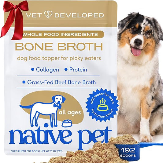 Native Pet Bone Broth for Dogs and Cats - Made with Real Beef Bone Broth, Dog Food Toppers for Picky Eaters- Provides Extra Hydration & Nutrition for Joint Strength, Immunity & Heart Health-192 Scoops