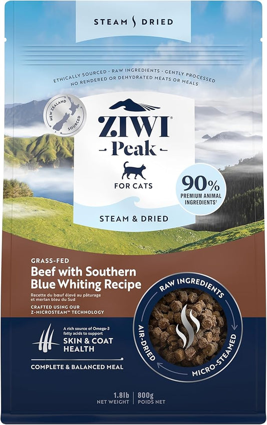 ZIWI Peak Steam & Dried Cat Food ??Beef w/Southern Blue Whiting Fish - High Protein, Skin & Coat Health, Low Carb, for All Life Stages (28.8oz)
