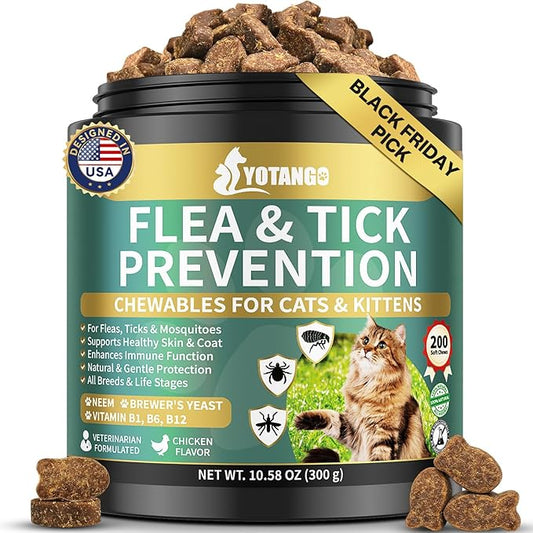 Natural Flea Treatment for Cats Chewables, 200 Soft Treats Flea and Tick Prevention for Cats, Oral Flea Supplement for Kitten Cat, Cat Flea and Tick Treatment, Skin & Coat Support - All Breeds & Ages