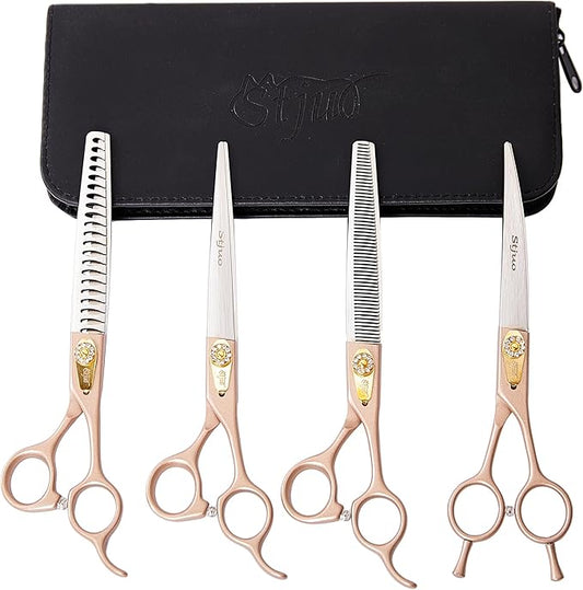 Professional Dog Grooming Scissors Rose Gold 440C Stainless Steel Straight Thinning Curved Chunker Shears for Pet Grooming Services Dogs and Cats (Combo, 7?˜â€?