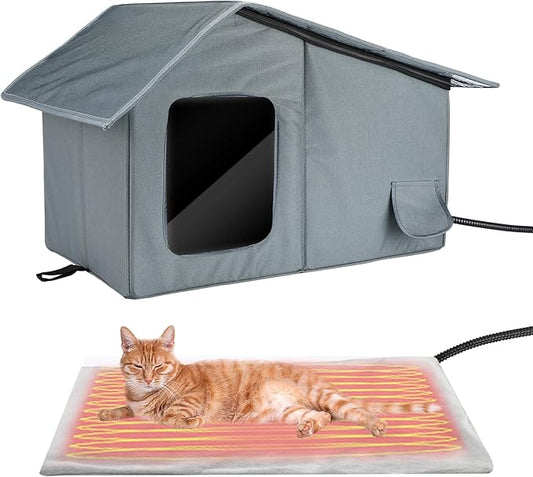 Weatherproof Heated Cat Houses for Outdoor Cats - Insulated Cat Shelter for Winter with Thermostatic Heating Pad and Escape Door, Warm Outside Pet House Gift for 1 Feral Cats (Small)