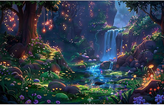 Waterfall Jungle Aquarium Background Fantasy Magic Forest Landscape Rainforest Style Fish Tank Background Tropical Flowers Mushrooms Stream Cascading Falls Reptile Tank Enclosure Backgrounds 36x24in