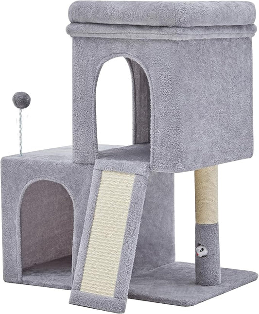 32inch Tall Cat Tree with 2 cat condo for Adult Cats Cozy Cat Tower with Scratching Post and Scrather Board for Cats of Different Ages.（Light Grey）