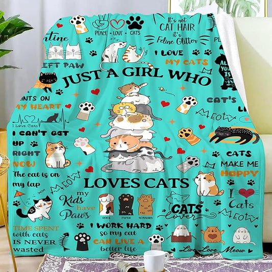 Cat Gifts Blanket for Women Girls Just A Girl Who Loves Cats Throw Blanket Stuff Blankets With Cats On Them Gifts for Women Girls Kids Adults Cat Lovers Birthday Decorations Room Decor 50"X40"
