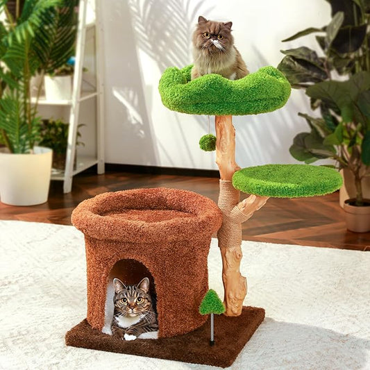 32-Inch Multi-Level Cat Tree Tower, Natural Wood Cat Furniture with Sisal Scratching Posts, Beds & Condo, Cute Cat Tree for Indoor Cats and Multi-Cat Households