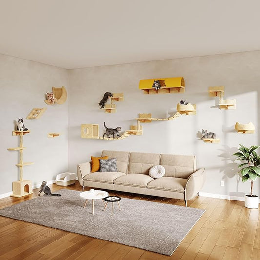20-in-1 Cat Wall Shelves, Wall Mounted Pet Furniture w/Plush Fabric, Cat Climbing Wall System, 63'' Cats Tower w/Scratching Posts, Cats Shelf with 40''L Tunnel, Condos, House, Step and Ladder