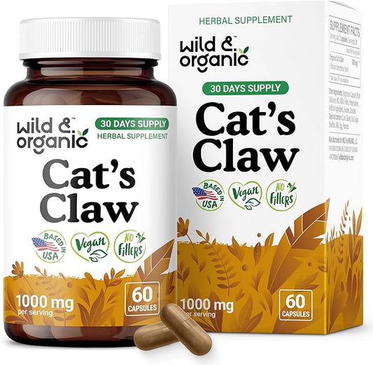 Wild & Organic Cat's Claw Herbal Supplement 1000 mg - Immune Support - Pure Cat's Claw Capsules - Uncaria Tomentosa Bark - Vegan, No Fillers, Non-GMO - 60 Count