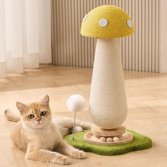 Mushroom Cat Scratching Post Cat Tree, 21.5?˜â€?H Cute Cat Scratcher Tower with Durable Solid Wood Turntable Toy, Lemon Yellow Mushroom Scratch Post Cat Sisal Scratcher with Catnip for Indoor Cats