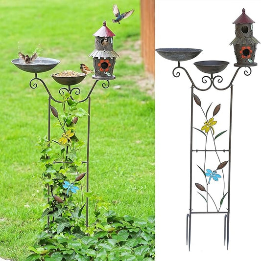 52.4" H Metal Bird Bath with Trellis for Outdoor,Bird Feeder and Metal Bird Houses,Garden Plant Support,4-in-1,Doubles As The Climbing Plant,Garden Yard Decor
