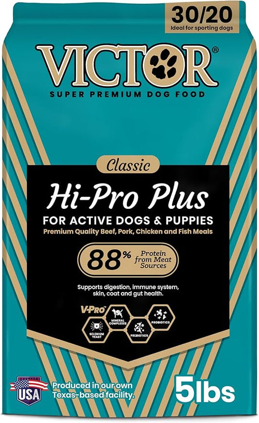 VICTOR Super Premium Dog Food ??Hi-Pro Plus Dry Kibble ??High Protein Dog Food with 30% Protein ??Beef, Chicken, Pork, Fish Meals, Gluten Free - for High Energy and Active Dogs & Puppies, 5lbs