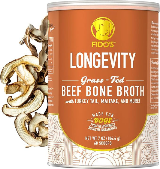 Fido's Longevity Bone Broth for Dogs - Turkey Tail + Maitake Mushroom - Grass-Fed Beef Bone Broth Powder - Dog Immune Support - Mushroom Supplement for Dogs - Dog Food Topper for Dry Food - 60 Scoops