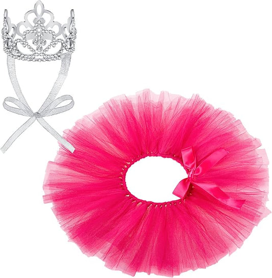 2 Pcs Dog Crown Headband Dog Tutu Dress Set Crystal Rhinestone Tiara Crown Tutu Skirt Pet Dress Costume for Puppy Birthday Party Wedding Photo Prop Costume(Small,Rose Red)