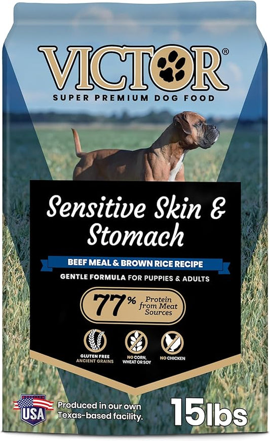 VICTOR Super Premium Dog Food ??Sensitive Skin and Stomach ??Beef Meal & Brown Rice Recipe Dry Kibble ??Gluten Free, No Chicken, Ideal for Dogs with Allergies ??Adult and Puppy Food, 15 lb
