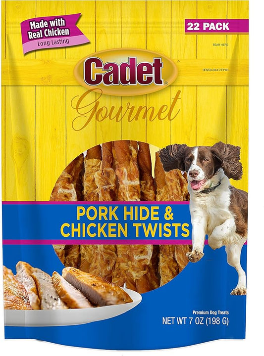 Cadet Gourmet 5-Inch Pork Hide Twist Chew Sticks, Long-Lasting and Natural Rawhide Chews for Dogs, Inspected & Tested in USA, Chicken Flavor, 22 Count