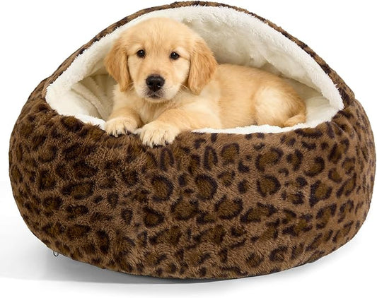 Calming Dog Beds & Cat Cave Bed with Hooded Cover,Removable Washable Round Beds for Small Medium Pets,Anti-Slip Faux Fur Fluffy Coved Bed for Improved Sleep,Fits up to 15/25 lbs(Leopard Print,M)