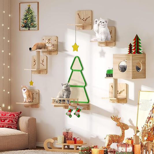 Wood Cat Wall Shelves, Cat Wall Furniture(13 Piece Set), Solid Wooden Feline Shelf with Perches, Condos, Bed, House, Steps, Bridge Ladder and Scratching Post