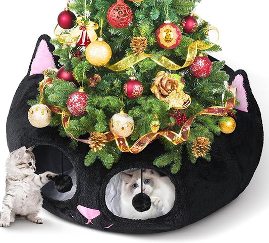 Baseola Cat Tunnel Bed for Indoor Cats, Peekaboo Cat Cave with Washable Soft Play Mat, Furry Cat Tube, for Kitten/Puppy/Rabbit, Kitten Series Black Pink