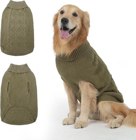 Mihachi Turtleneck Dog Sweater - Winter Coat Apparel Classic Cable Knit Clothes with Leash Hole for Cold Weather, Ideal Gift for Pet in New Year Army Green New M