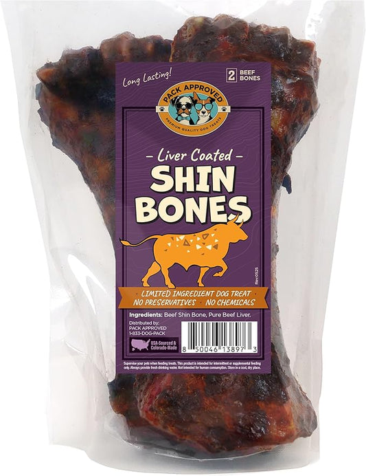 Beef Shin Bones for Dogs - Liver Coated Long Lasting Dog Chews for Aggressive Chewers - Rawhide-Free Big Bones for Large Dogs - Healthy Large Dog Bone (2 Pack)