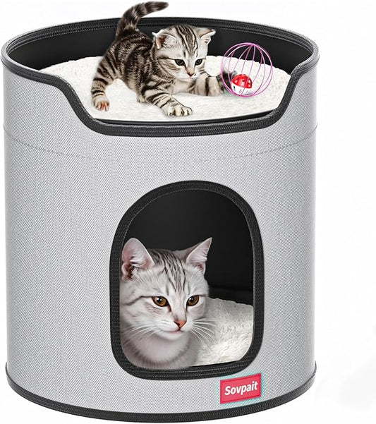Cat House for Indoor Cats,Large Luxury Double Cat Beds with Cat Scratcher Pad Toys w/Catnip,Soft Washable Cushion Cat House Shelter D15xH15 in Grey (Gray, Metal Cage Balls+5mm Pad)