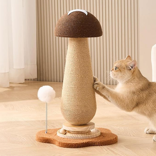 Mushroom Cat Scratching Post Cat Tree, 21.5?˜â€?H Cute Cat Scratcher Tower with Durable Solid Wood Turntable Toy, Acorn Brown Mushroom Scratch Post Cat Sisal Scratcher with Catnip for Indoor Cats