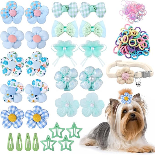 180+ Pcs Green Dog Hair Accessories Set,Small Dog Hair Bows with Rubber Bands,Cute Puppy Hair Ties,Bowties for Small Dogs Cats,Dog Hair Clip,Floral Bell Collar,Flower Scrunchie