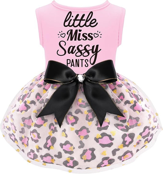 Little Miss Sassy Pants Dog Dress with Leopard Print Bowknot Dog Clothes for Small Medium Large Dogs Girls Boys Cats Outfit Apparel