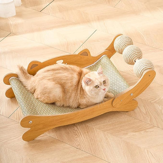 Cat Scratcher Bed, 27??Beech Wood Cat Hammock with Natural Sisal Mat & 3 Play Balls, Modern Wooden Cat Lounge W/Nartural Sisal Scratch Post (Medium -2)