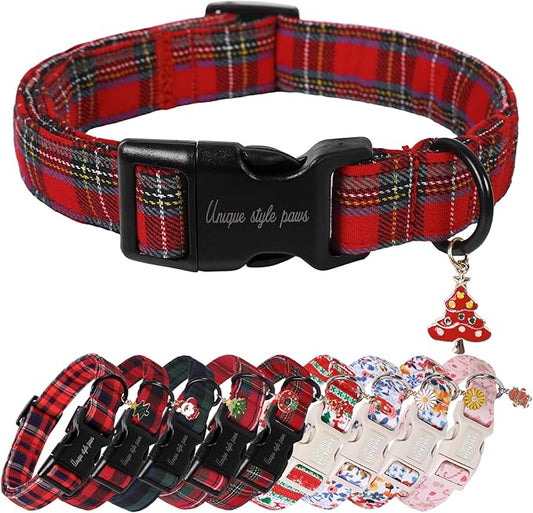 Unique Style Paws Christmas Dog Collar Plastic Buckle with Pendant Red Scottish Grid Cotton Puppy Collars for Small Medium Large Dogs