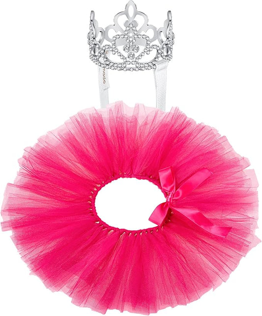 2 Pcs Dog Crown Headband Dog Tutu Dress Set Crystal Rhinestone Tiara Crown Tutu Skirt Pet Dress Costume for Puppy Birthday Party Wedding Photo Prop Costume(X-Large,Rose Red)