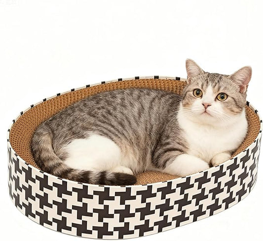 2-in-1 Oval Cat Scratcher Bed Cardboard Bed Lounge, Durable Cat Scratch Pad for Indoor Cats/Kittens, Corrugated Kitty Scratching Bowl with Furniture Protector, 16.33 * 13.19"