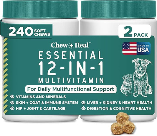 12-in-1 Multivitamin for Dogs - 240 Puppy and Senior Dog Vitamin and Supplement Soft Chews for Hip and Joint - Advanced Formula with Glucosamine, Omega 3,6,9, Vitamins, Probiotics, and More