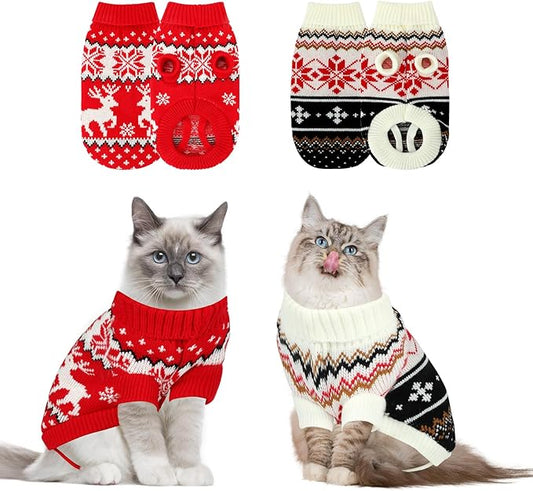 BWOGUE 2 Packs Cat Christmas Sweater, Knitwear Puppy Christmas Sweater with Reindeer Snowflake, Turtleneck Pet Kitten Christmas Sweaters for Cats Kitty Puppy Small Dogs（XL）
